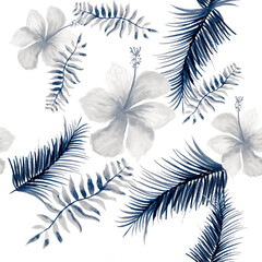 Blue Seamless Background. Indigo Pattern Leaf. Gray Tropical Textile. Cobalt Spring Background. Navy Decoration Hibiscus. Drawing Illustration. Watercolor Texture.