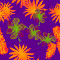 Fototapeta na wymiar Yellow Seamless Painting. Purple Pattern Texture. Golden Tropical Exotic. Violet Drawing Textile. Indigo Decoration Plant. Blue Wallpaper Exotic. Autumn Banana Leaves.