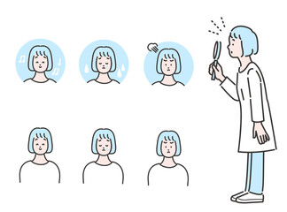 観察する女性と表情セット 水色ベース カラー