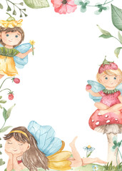 Obraz na płótnie Canvas Watercolor rectangular frame with garden fairies, flowers, leaves, mushrooms