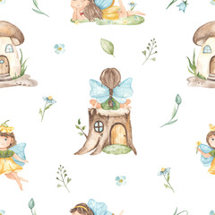 Watercolor seamless pattern with garden fairies and fairy houses