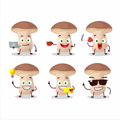 Brown cap boletus cartoon character with various types of business emoticons