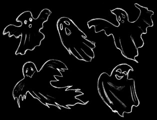 White floating ghosts painted on a black background