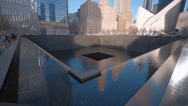 9-11 Memorial fountains at World Trade Center Manhattan New York - NEW YORK CITY, UNITED STATES - APRIL 2, 2017
