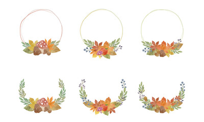 水彩風　紅葉と落ち葉、木の実の秋イラスト素材　フレームセット