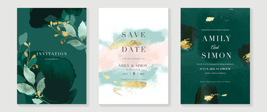Luxury wedding invitation card background  with golden line art flower and botanical leaves, Organic shapes, Watercolor. Abstract art background vector design for wedding and vip cover template.
