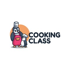 Vector Logo Illustration Cooking Penguin Mascot Cartoon Style.