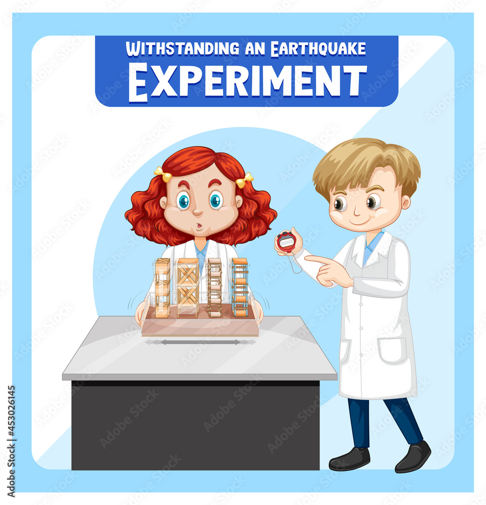 Poster withstanding earthquake experiment with scientist kids cartoon character