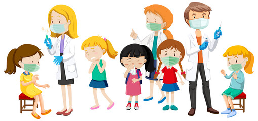 Many patient kids and doctors cartoon character on white background