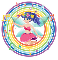 Beautiful fairy in rainbow round frame
