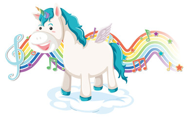 Unicorn standing on the cloud with melody symbols on rainbow wave