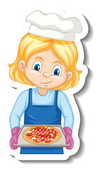 Chef girl holding baked tray cartoon character sticker