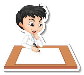 Scientist boy cartoon character with blank table