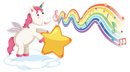 Unicorn standing on the cloud with melody symbols on rainbow wave