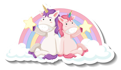 Obraz na płótnie Canvas Cute unicorns siting on the cloud cartoon sticker