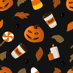 vector seamless pattern on the theme of halloween with pumpkins, candles, lollipops, sweets and autumn foliage on a black background. pattern in flat style for printing on fabric, wrapping paper
