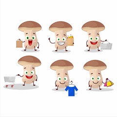 A Rich brown cap boletus mascot design style going shopping