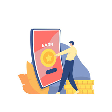 e-payment concept, loyalty program, collect points, earn rewards. illustration of people trying to get coins from smartphone. money making app concept. flat cartoon style. vector design