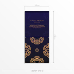 Stylish Template for postcard print design in purple color with luxurious Greek patterns. Vector preparation of invitation card with vintage ornament.