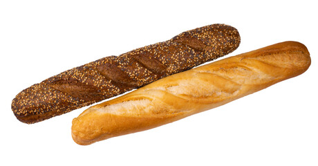 Baguette made of wheat and rye flour, with sesame and flax seeds and a baguette made of wheat flour.Fresh pastries on a white background.