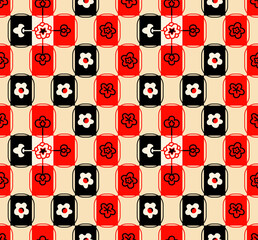 Japanese Flower Checkered Vector Seamless Pattern