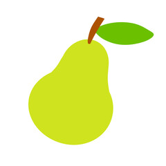 Pear. Green sweet fruit with a leaf. Veggie food. Flat cartoon illustration. Natural product