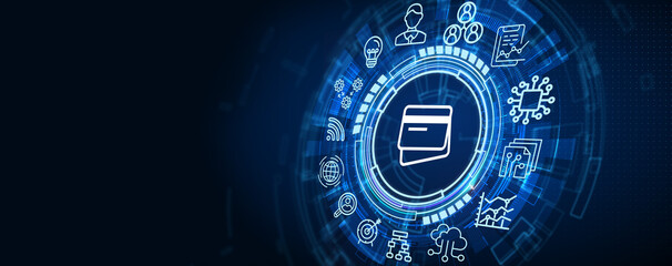 Concept of digital economy, e-payment, and online banking. icon E- banking on the virtual display.