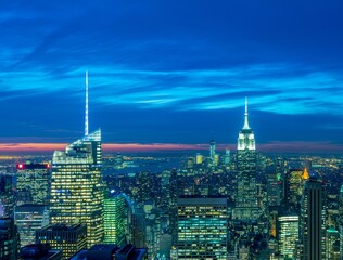 Night view of New York Manhattan during sunset