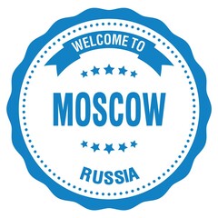 WELCOME TO MOSCOW - RUSSIA, words written on light blue stamp