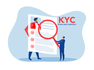 KYC or know your customer with business verifying the identity of its clients concept at the partners-to-be through a magnifying glass vector illustrator