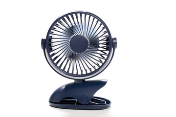 a blue portable and rechargeable fan on white background