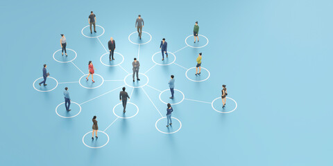 Fototapeta ネットワークで繋がるビジネスパーソン / チームマネジメント・多様なコミュニティ・ネットワークとリモートワークのコンセプトイメージ / 3Dレンダリンググラフィックス obraz