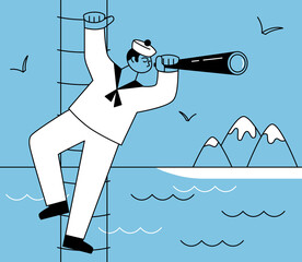 A sailor on a ship. Vector illustration in a flat style. A cartoon character looks at the shore through a telescope. Seascape. Drawing for marine decor, printing.