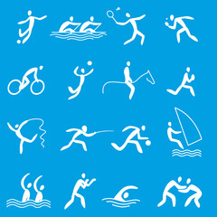 Sports icons, sports. Summer sports. Rowing, cycling, fencing, wrestling and others. Silhouettes of humanoids