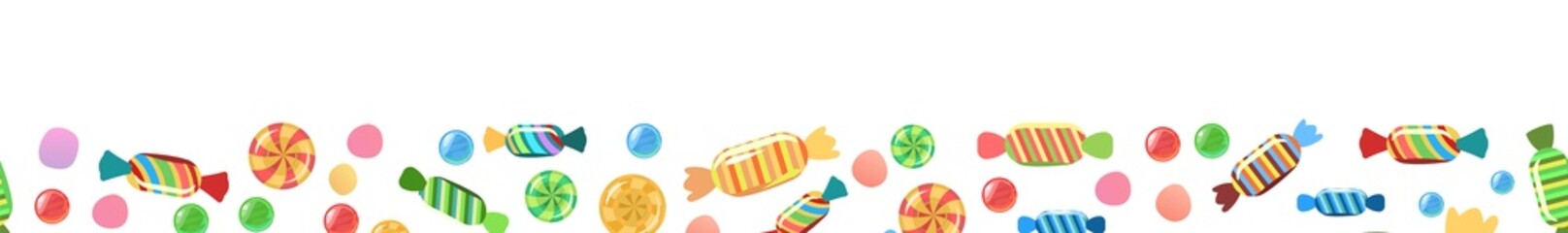 Sweets and scattered. Assorted lollipop dessert interspersed. Candy caramel wrapped. Bottom seamless border. Flat Background illustration. Vector