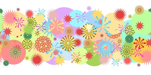 Fototapeta na wymiar Festive background. Seamless picture. Colorfull party. Bright flashes of fireworks in a symbolic style. Petard and squib. Flat design. Isolated Vector