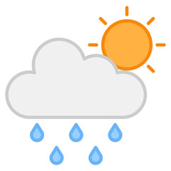 Sun with cloud and raindrops, icon of sunny rainy day