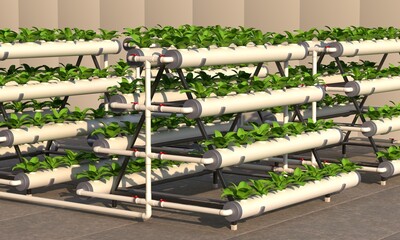 A-frame hydroponic system. A modern automated farm for growing ecologically clean plants and vegetables. 3d illustration