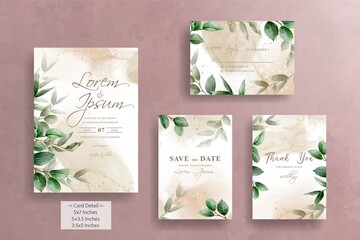 Set Of Greenery Watercolor Wedding Invitation Template with Hand Drawn Leaves