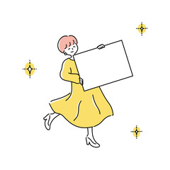 笑顔でパネルを持つ若い女性