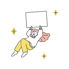 笑顔でパネルを持つ若い女性