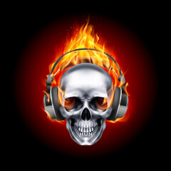 Flaming Skull Music with Headphone or Human Skull Listening to Music Earphone Decorated at Halloween Party on Fire