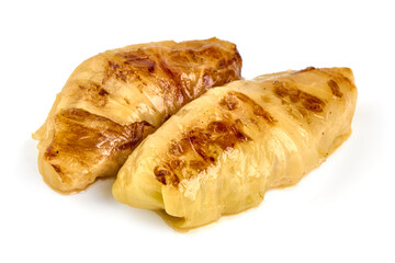 Stuffed cabbage rolls with sauce, isolated on white background.