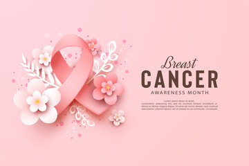 Fototapeta na wymiar Breast cancer awareness with ribbon and flowers 3D edition 