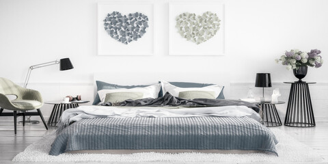 Cosy Summer Colors Bedroom Arrangement - panoramic black and white 3D Visualization