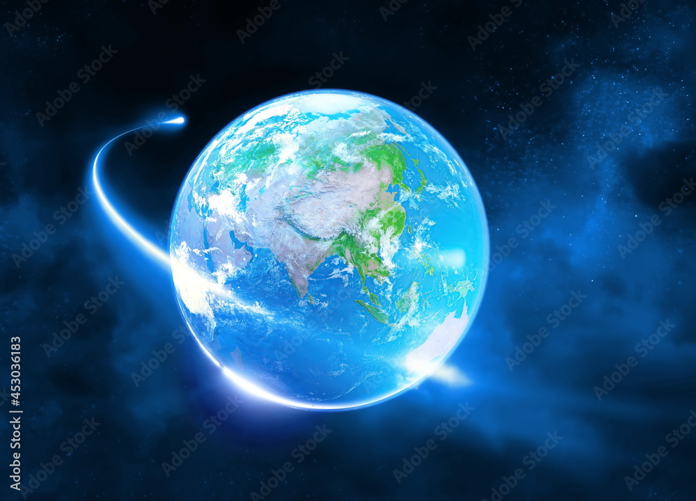 Wall mural comet moving passing planet earth high definition universe field with stars, galaxy asia and europe 