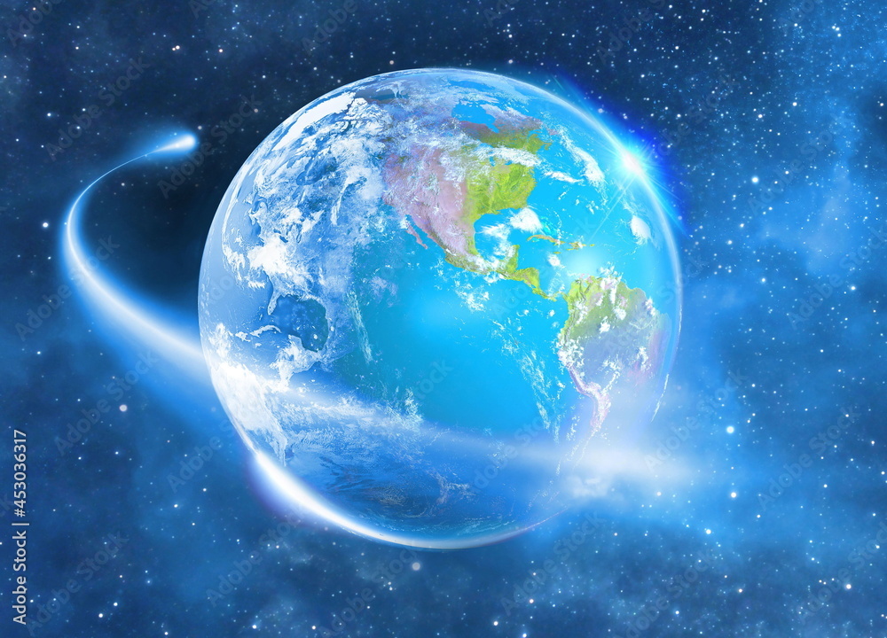 Wall mural 3d rendering of comet moving passing planet earth high definition universe field with stars, galaxy 