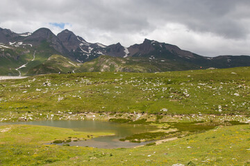Panoramic view of Castel or Kastel lake in the wonderful alps of Val Formazza, Piedmont, Italy