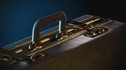 Leather briefcase in a dark studio shot, with blue background. 3d illustration. 