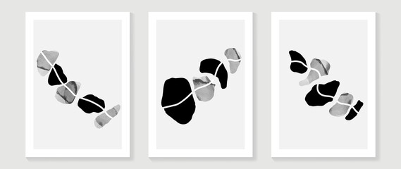 Black and white abstract arts wall art vector set. Stones art with watercolor brush stroke, ink painted in minimal style. Home decoration wallpaper.